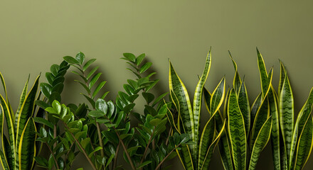 Lush Green Houseplants and Olive Wall Background for Nature Concepts