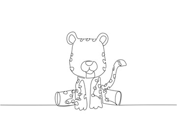 Single line draw of cute baby cheetah sitting with playful spots and curved tail, a wildlife concept for cute wild animals cartoon sitting, ideal for nursery posters, stickers, and cheerful kids brand