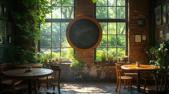 Rustic cafe with large windows and plants