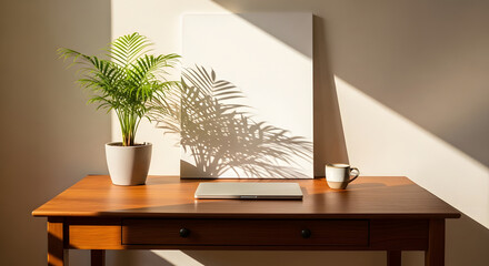 Sunlit Minimalist Workspace with Plant and Laptop Background