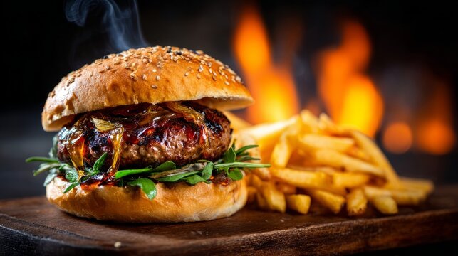 Delicious grilled burger with crispy french fries surrounded by dramatic fire flames, juicy beef patty with fresh ingredients and rustic fast-food style concept for tasty meal and food photography the