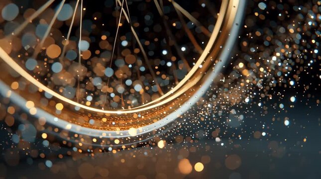Golden bicycle wheel rim sparkle motion bokeh glitter spoke motion blur light trail spinning glowing metallic rim dynamic close up capturing energy