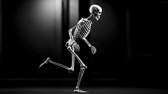 Animated skeleton running in dark space on a neutral background