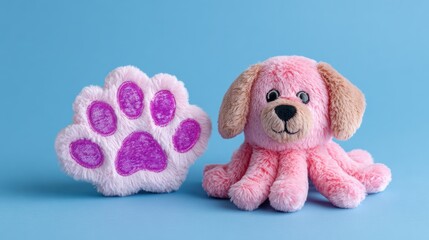 Cute Mascot Octopus Holds a Fluffy Paw Print Toy on a Soft Pastel Background in Pet Product Promotion