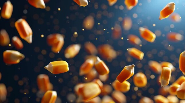 Golden corn kernel scattering midair with motion blur and warm bokeh lighting, floating grain popcorn kernel maize seed close up dynamic motion blur