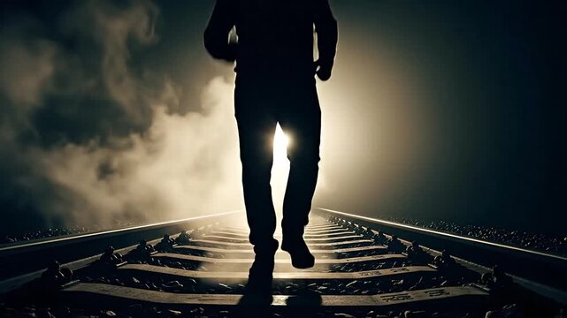 Silhouette of a person walking on railroad tracks in fog