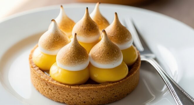 Close up of a delicious lemon meringue tart with a fork on a white plate, perfect for a sweet treat or dessert
