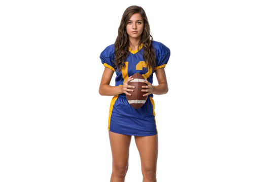 Portrait of a young female athlete in a football jersey and skirt, holding a football with a serious expression, isolated on transparent background, png