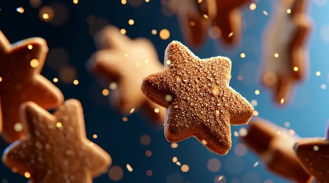 Star shaped gingerbread cookie with sugar sprinkle and sugar sprinkles floating in motion with warm bokeh and falling crumbs evoking cozy festive mood