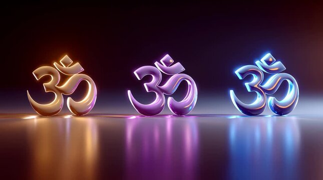 Om symbol sculpture trio glowing with gold, purple and blue reflections glossy reflective surface, soft ambient light, serene spiritual glow