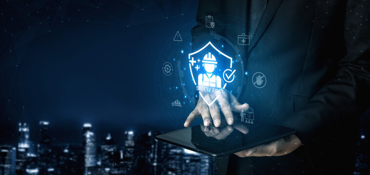 Concept of occupational health and safety. A 'Safety First' policy ensures worker protection through training, risk prevention, and adherence to workplace safety standards. Fermion