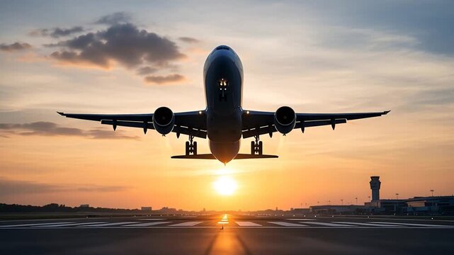 Commercial airliner approaching runway at golden sunset descending over airport.