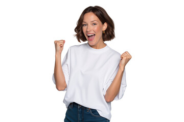 Excited woman celebrating with clenched fists and a wide-open smile, isolated on transparent background, png