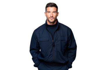 Portrait of a confident middle-aged man in a dark blue work jacket and turtleneck, standing with hands in pockets, isolated on transparent background, png