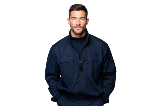 Portrait of a confident middle-aged man in a dark blue work jacket and turtleneck, standing with hands in pockets, isolated on transparent background, png