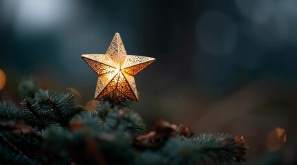 Golden star tree pine ornament glowing bokeh warm light night golden star tree topper evergreen branch warm glow bokeh lights holiday festive lantern - Powered by Adobe