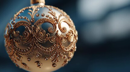 Ornament gold bauble swirl pattern sparkle elegant holiday ornate filigree Christmas decoration closeup macro detailed metalwork festive luxurious - Powered by Adobe
