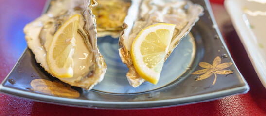 fresh Oyster in Matsushima fish market, seafood famous and popular of Matsushima bay in Miyagi Prefecture, Tohoku, Japan