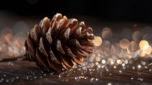 Sparkle pinecone bokeh glitter wood winter holiday brown natural shell macro motion close up seasonal decoration warm light