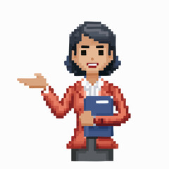 Fototapeta premium A pixel art illustration of a professional woman in a red jacket holding a folder and gesturing.