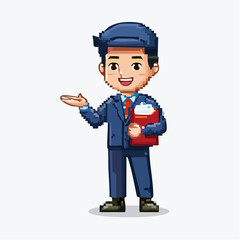 Obraz premium Pixel art illustration of a friendly businessman in a blue suit and cap, holding a red folder and gesturing, on a white background.