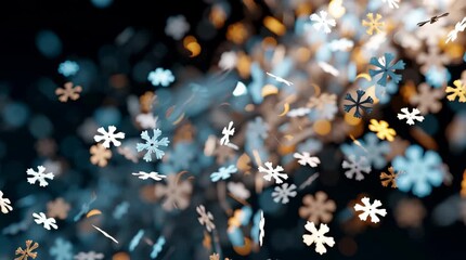 Snowflake confetti falling bokeh winter metallic paper motion blur cold festive holiday celebration delicate soft blue gold dark background abstract - Powered by Adobe