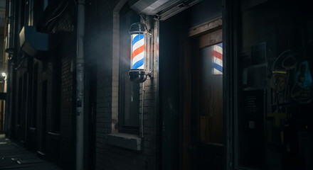 Classic Barber Pole Illuminated in a Dark Alleyway.