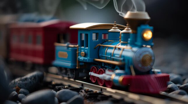 Vintage toy steam train miniature locomotive on outdoor track with smoke puffing, shallow depth of field nostalgic scene warm light soft bokeh