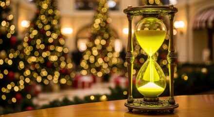 Glowing Hourglass Amidst Festive Christmas Tree Lights