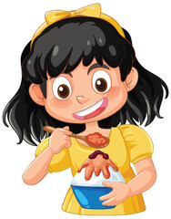 Smiling Girl Eating Shaved Ice Dessert with Spoon