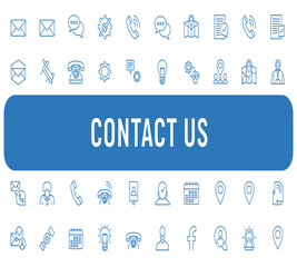 Illustration of contact us banner with various communication and business icons, representing customer support, online service, and global connectivity, isolated on white background