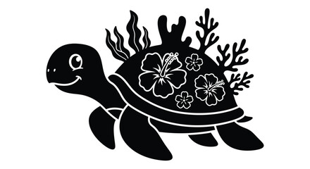 Fototapeta premium Cute floral turtle illustration with hibiscus flowers and coral reefs