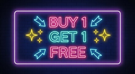 Vibrant neon sign advertising a buy one get one free offer