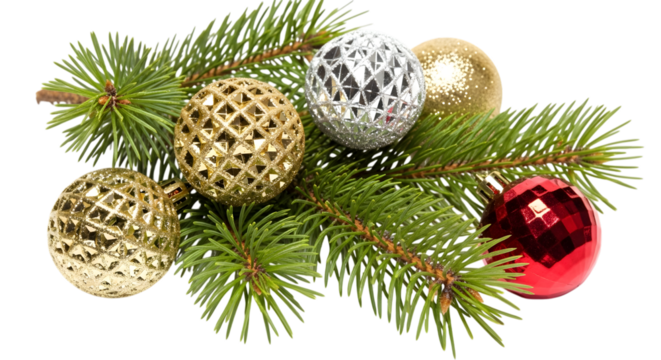 Christmas tree ornaments on pine branches isolated on white background