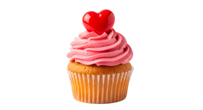 Delicious cupcake with pink frosting and a red heart decoration isolated on white background