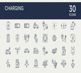 Illustration of outline icons for charging, featuring electric vehicles, batteries, power plugs, and energy symbols, representing sustainable transportation and modern power solutions