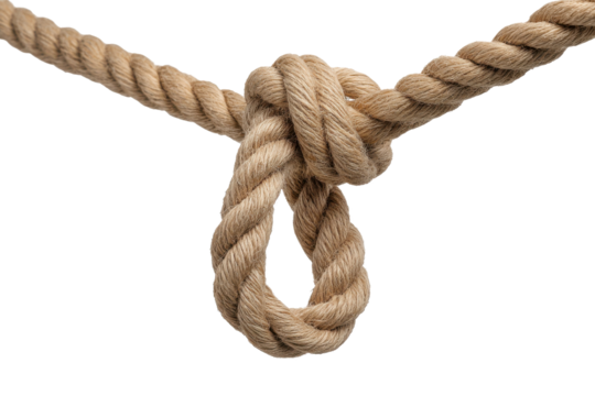 Thick natural fiber rope tied in a secure knot with a loop against black image, Isolated On White Background, Png Transparent