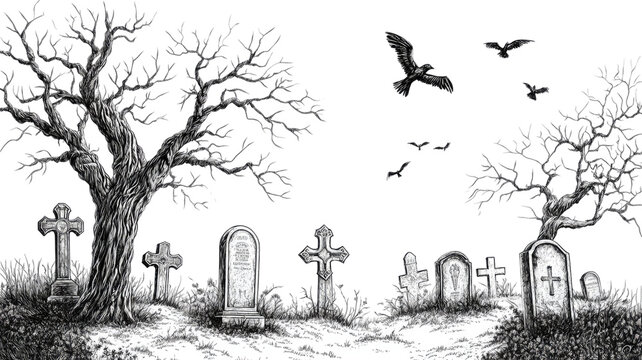 Old cemetery with ornate tombstone crosses and stark leafless surroundings showing detailed weathered stone elements clearly isolated on white background