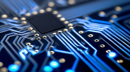 Close up electronic circuit board showing microchip and data flowing