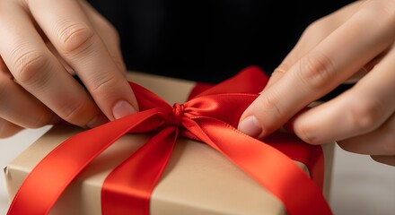 Hands Wrapping Gift Macro Close-up of ribbon knot with cinematic depth of field.