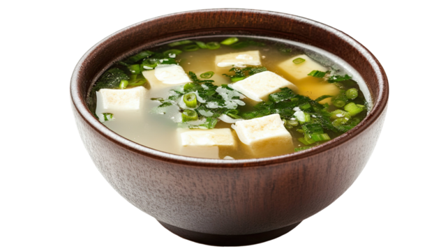 Traditional miso soup with warm broth, soft tofu cubes, fresh seaweed and aromatic ingredients presented clearly isolated on white background
