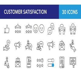 Illustration of customer satisfaction and feedback line icons set, featuring rating stars, emoticons, communication, and service symbols, isolated on white