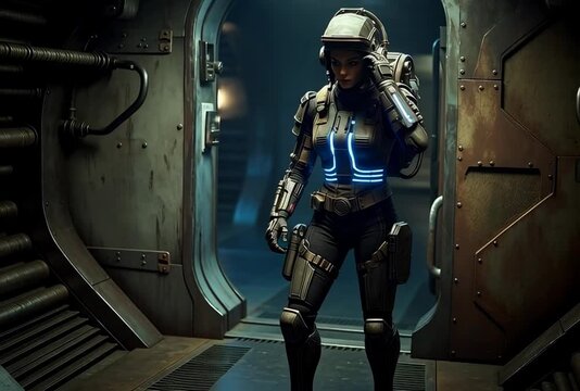 Futuristic astronaut inside a metallic spaceship tunnel with intricate details and blue light