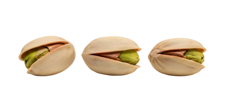 Three partially opened pistachios in their shells on a transparent background