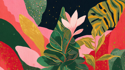 Tropical leaf abstract botanical green pink gold red modern flat decorative vibrant textured night