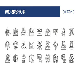 Illustration of a comprehensive set of 30 workshop and business line icons, ideal for presentations, educational materials, and corporate training, isolated on white background
