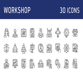 Illustration of a comprehensive set of 30 workshop and business line icons, ideal for presentations, educational materials, and corporate training, isolated on white background