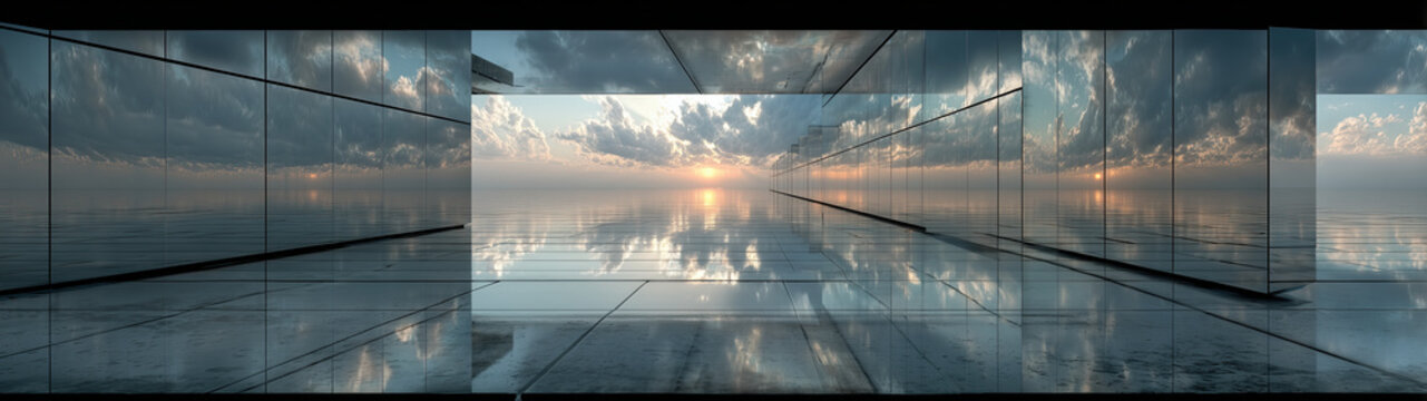 surface of dark glass panels in perspective extends to the horizon, sky on horizon