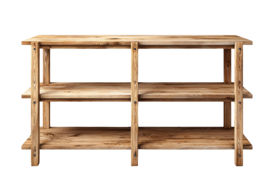 Rustic wooden three shelf unit with visible grain and knots on black background shelving, Isolated On White Background, Png Transparent
