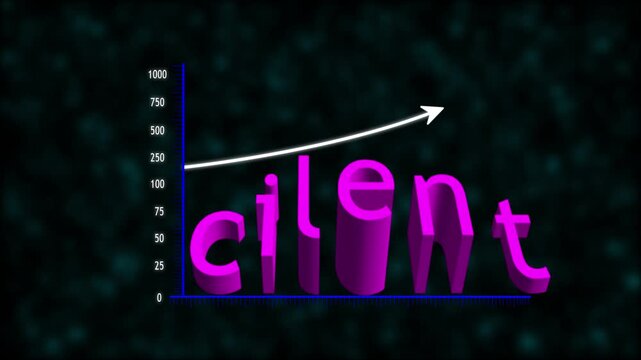 3D Cilent text growth chart with rising upward arrow showcasing increasing engagement and digital performance metrics.